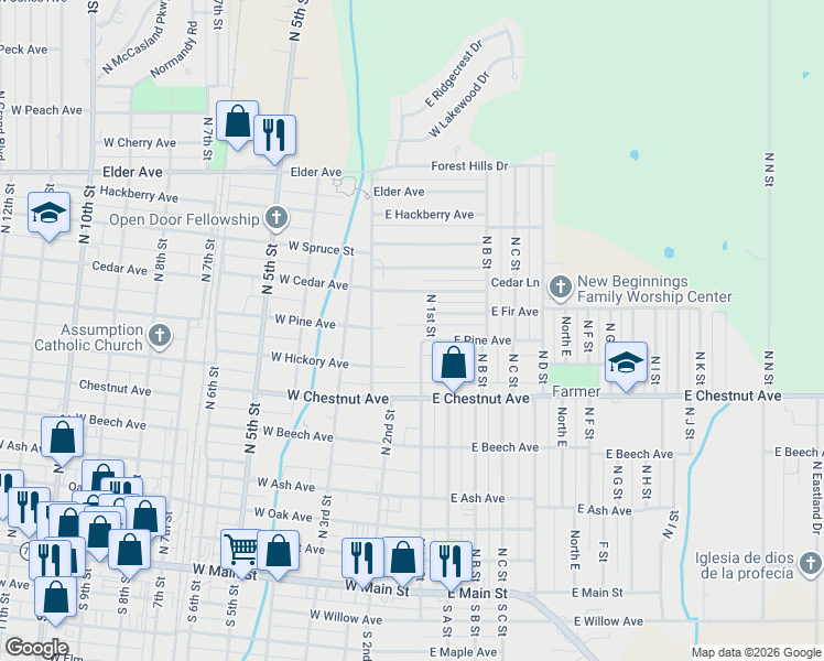 map of restaurants, bars, coffee shops, grocery stores, and more near 523 North 1st Street in Duncan