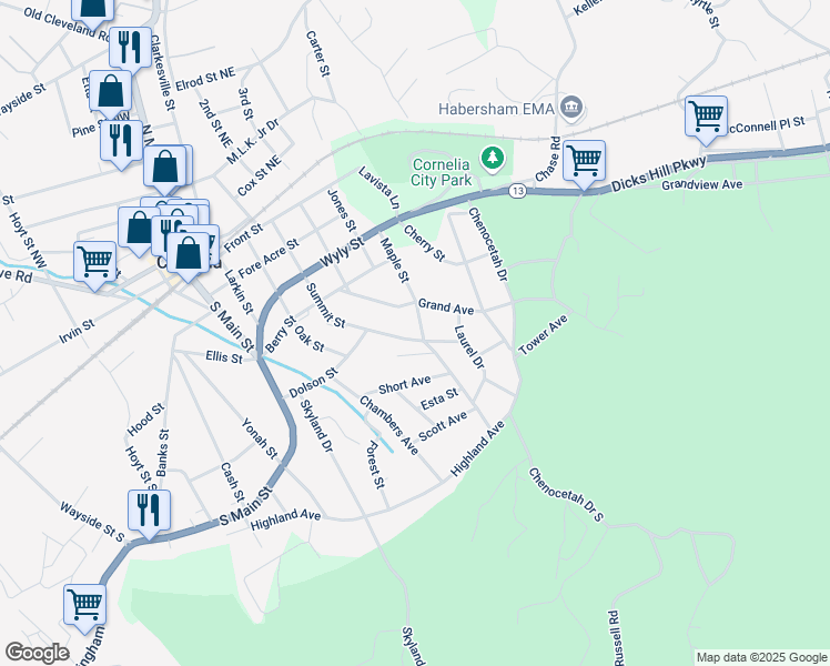 map of restaurants, bars, coffee shops, grocery stores, and more near 353 Maple Street in Cornelia