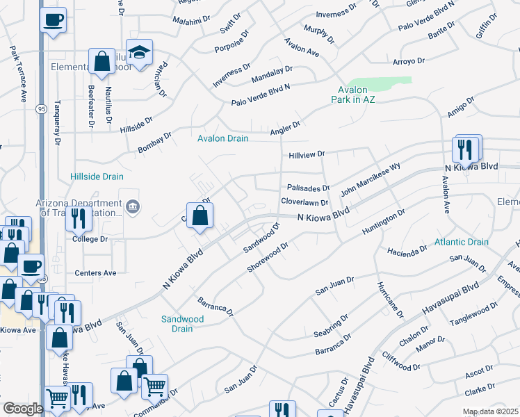 map of restaurants, bars, coffee shops, grocery stores, and more near 2041 Richey Circle in Lake Havasu City