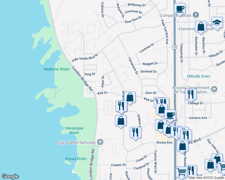 map of restaurants, bars, coffee shops, grocery stores, and more near 1639 Kirk Drive in Lake Havasu City