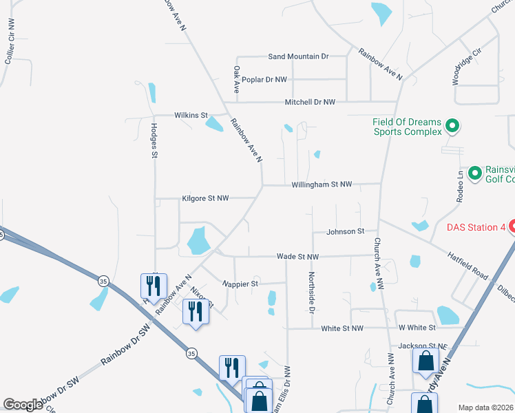 map of restaurants, bars, coffee shops, grocery stores, and more near 540 Rainbow Avenue North in Rainsville