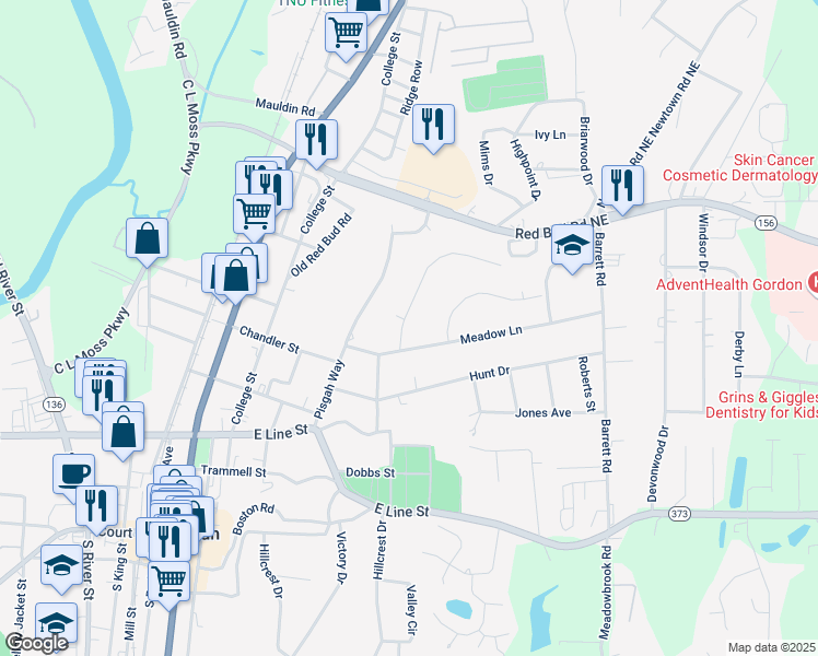 map of restaurants, bars, coffee shops, grocery stores, and more near 105 Garden Hill Drive in Calhoun