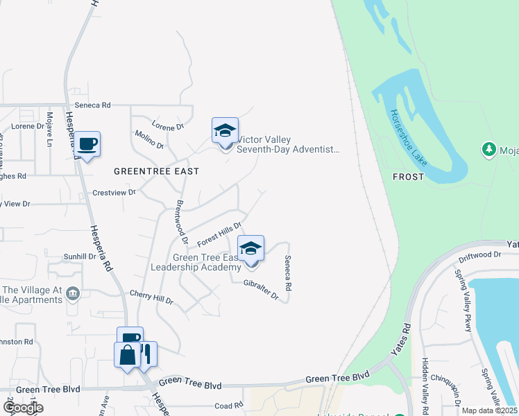 map of restaurants, bars, coffee shops, grocery stores, and more near 17315 Forest Hills Drive in Victorville