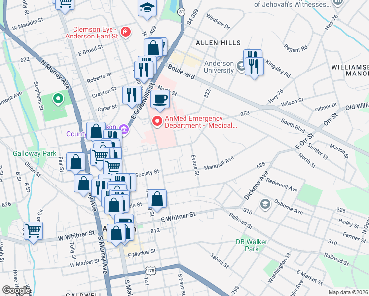 map of restaurants, bars, coffee shops, grocery stores, and more near 515 Evans Street in Anderson