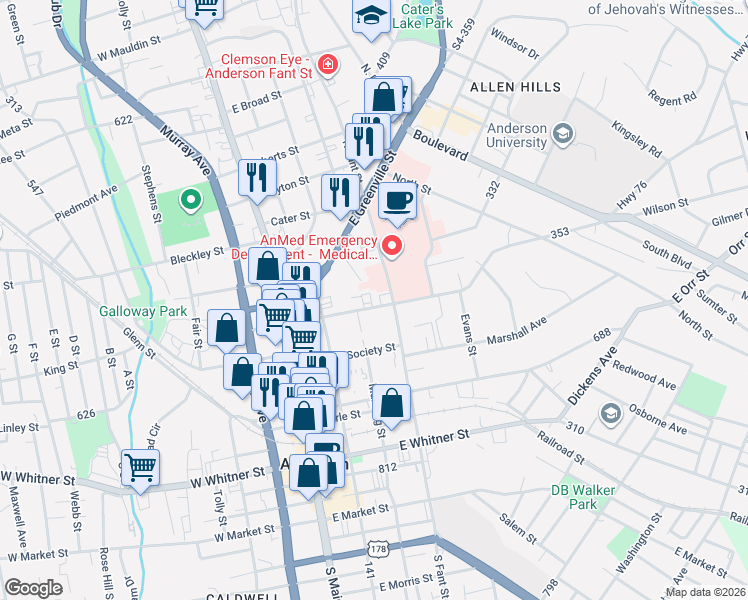 map of restaurants, bars, coffee shops, grocery stores, and more near 310 353 in Anderson