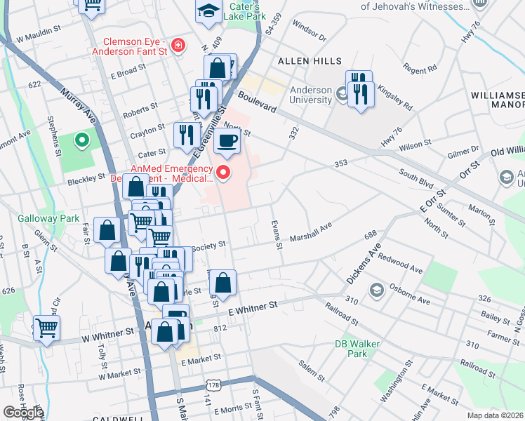 map of restaurants, bars, coffee shops, grocery stores, and more near 510 East Calhoun Street in Anderson