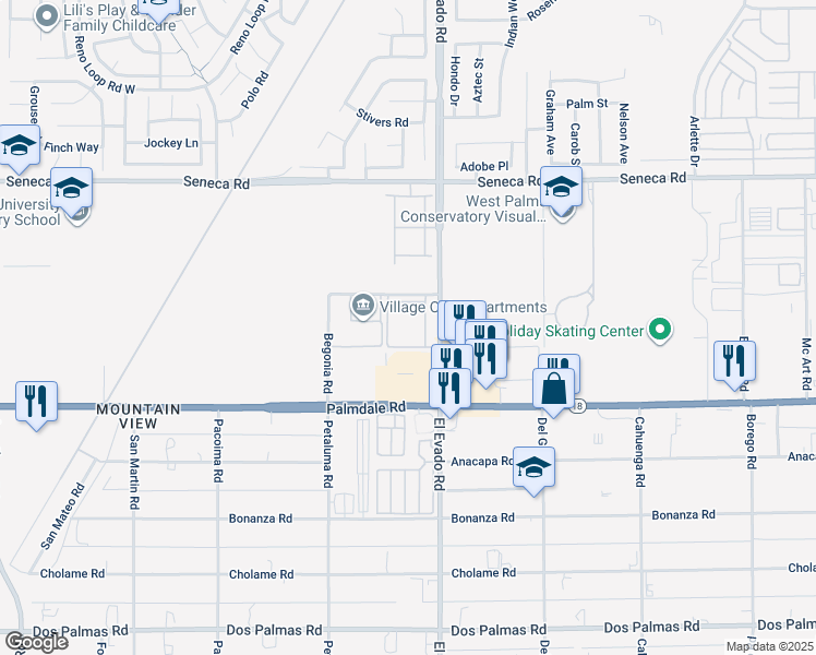 map of restaurants, bars, coffee shops, grocery stores, and more near 14450 El Evado Road in Victorville