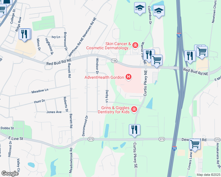map of restaurants, bars, coffee shops, grocery stores, and more near 113 Derby Lane in Calhoun