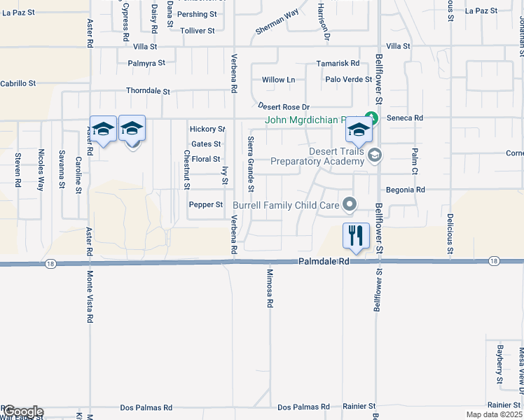 map of restaurants, bars, coffee shops, grocery stores, and more near 14246 Vincent Way in Adelanto