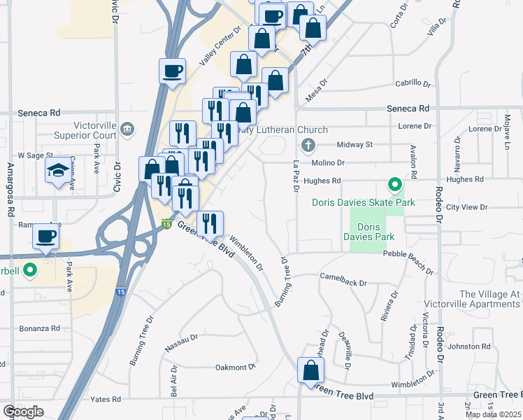 map of restaurants, bars, coffee shops, grocery stores, and more near 14218 Burning Tree Drive in Victorville