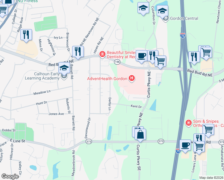 map of restaurants, bars, coffee shops, grocery stores, and more near 113 Derby Lane in Calhoun
