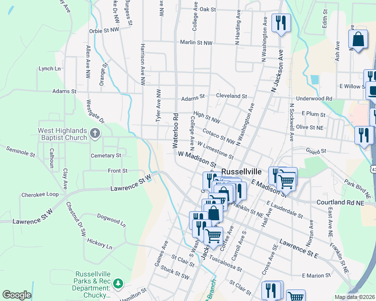 map of restaurants, bars, coffee shops, grocery stores, and more near 501-599 West Madison Street in Russellville