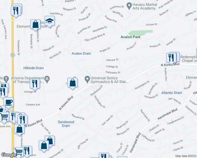 map of restaurants, bars, coffee shops, grocery stores, and more near 2000 Richey Circle in Lake Havasu City