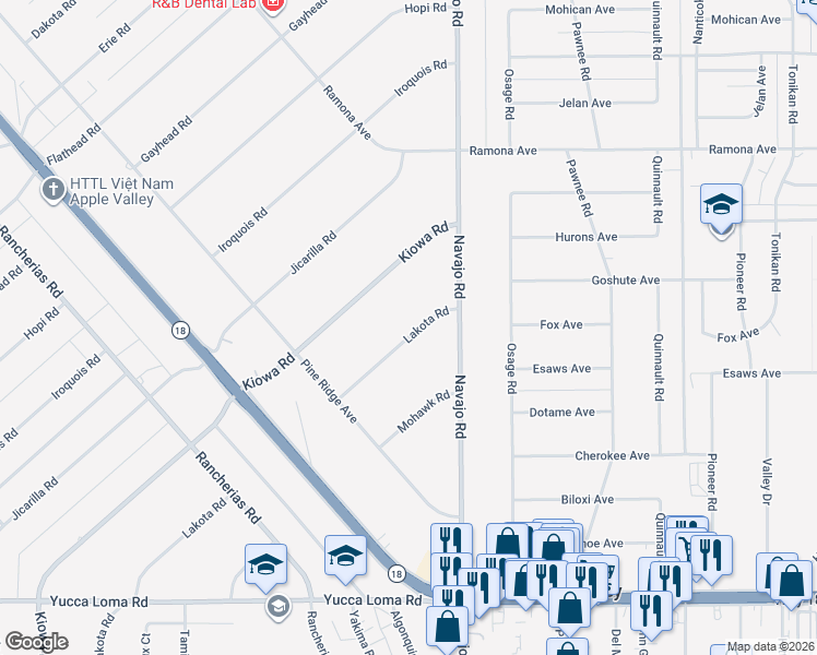 map of restaurants, bars, coffee shops, grocery stores, and more near 14176 Lakota Road in Apple Valley