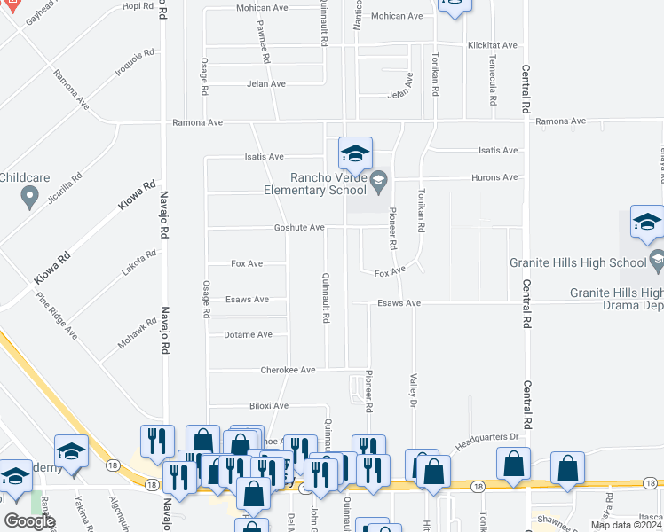 map of restaurants, bars, coffee shops, grocery stores, and more near 14179 Quinnault Road in Apple Valley