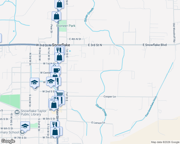map of restaurants, bars, coffee shops, grocery stores, and more near 355 East 1/2 Street North in Snowflake