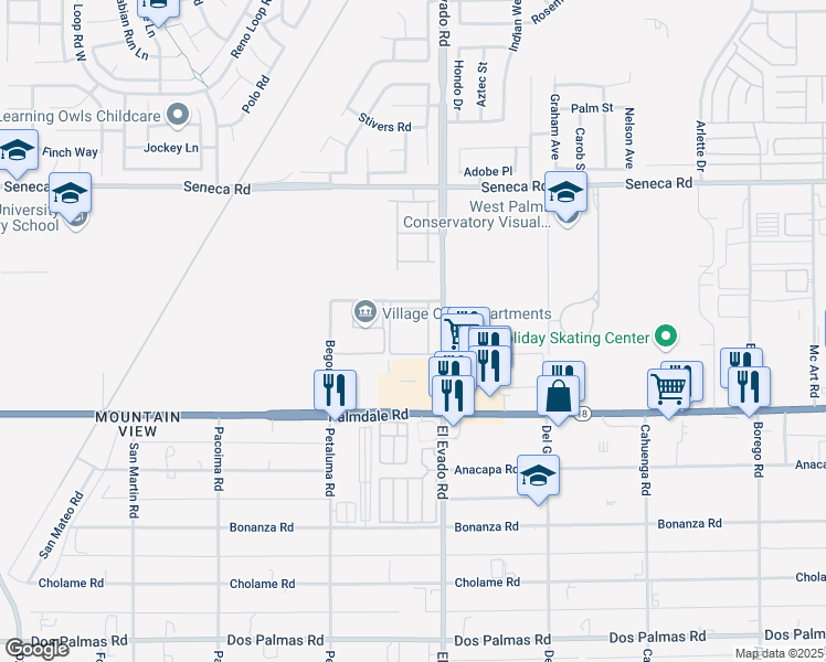 map of restaurants, bars, coffee shops, grocery stores, and more near 14450 El Evado Road in Victorville