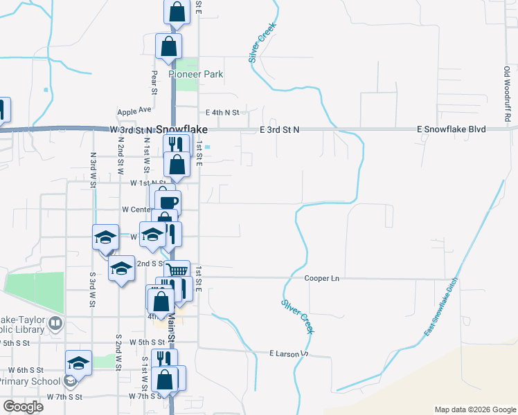 map of restaurants, bars, coffee shops, grocery stores, and more near 355 East 1/2 Street North in Snowflake