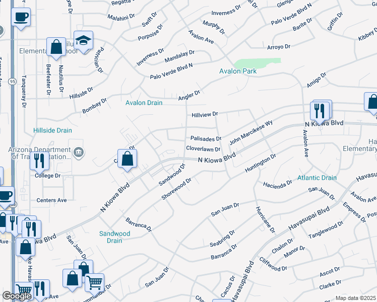 map of restaurants, bars, coffee shops, grocery stores, and more near 2301 North Kiowa Boulevard in Lake Havasu City