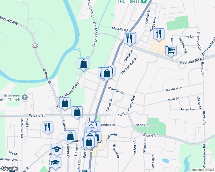 map of restaurants, bars, coffee shops, grocery stores, and more near 605 South Wall Street in Calhoun