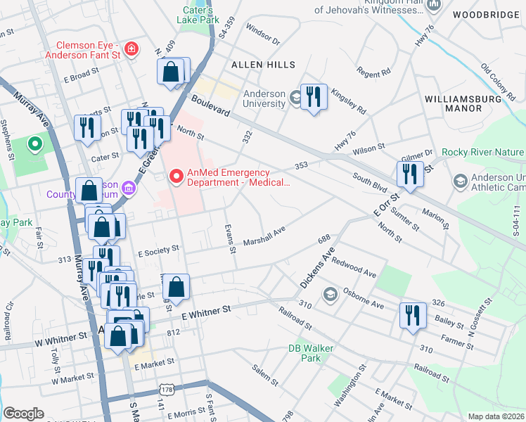 map of restaurants, bars, coffee shops, grocery stores, and more near 508 Creswell Avenue in Anderson