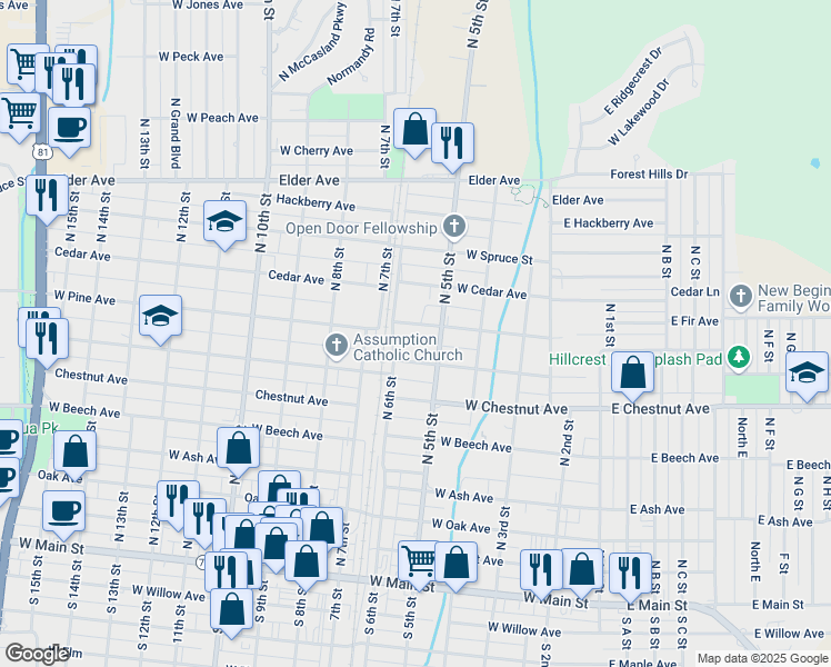 map of restaurants, bars, coffee shops, grocery stores, and more near 708 North 6th Street in Duncan