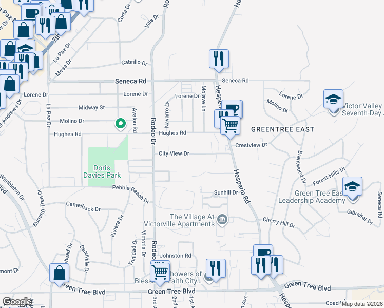 map of restaurants, bars, coffee shops, grocery stores, and more near City View Drive in Victorville