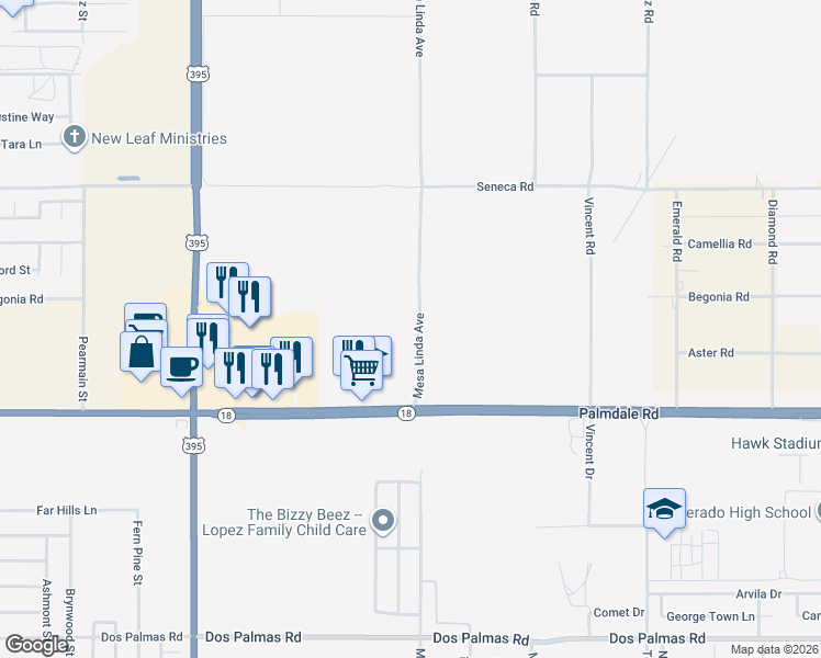 map of restaurants, bars, coffee shops, grocery stores, and more near Mesa Linda Street in Victorville