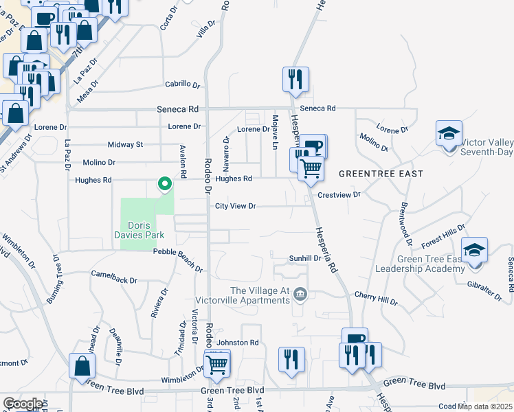 map of restaurants, bars, coffee shops, grocery stores, and more near City View Drive in Victorville