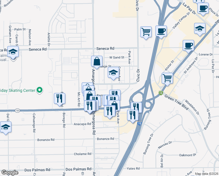 map of restaurants, bars, coffee shops, grocery stores, and more near Kentwood Boulevard in Victorville