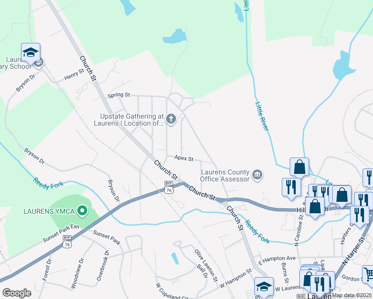 map of restaurants, bars, coffee shops, grocery stores, and more near 108 Apex Street in Laurens