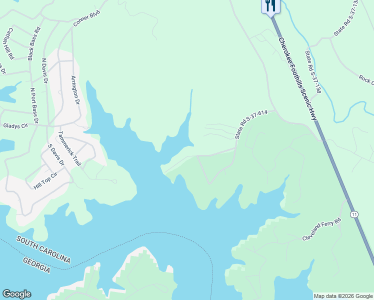 map of restaurants, bars, coffee shops, grocery stores, and more near 232 Tugaloo Shores Drive in Fair Play