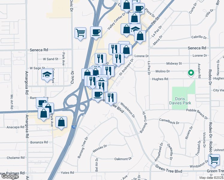 map of restaurants, bars, coffee shops, grocery stores, and more near 14230 Canterbury Drive in Victorville