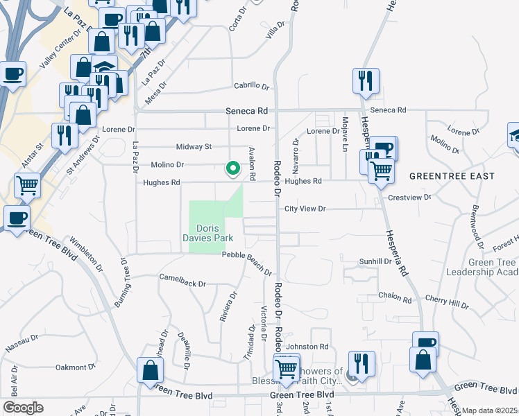 map of restaurants, bars, coffee shops, grocery stores, and more near 16470 Lariat Road in Victorville