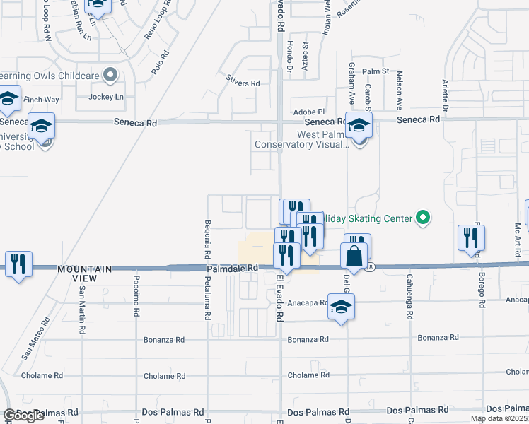 map of restaurants, bars, coffee shops, grocery stores, and more near 14450 El Evado Road in Victorville