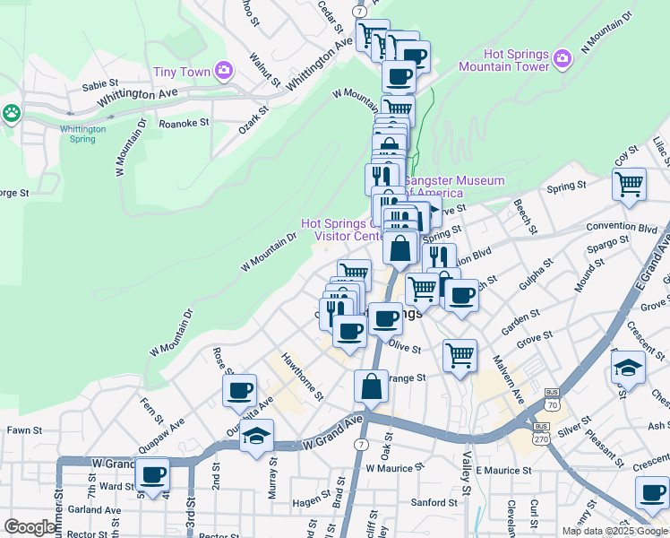 map of restaurants, bars, coffee shops, grocery stores, and more near 210 Quapaw Avenue in Hot Springs