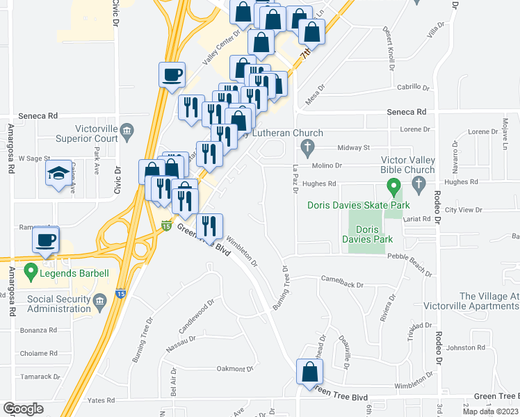 map of restaurants, bars, coffee shops, grocery stores, and more near 14236 Oxford Place in Victorville
