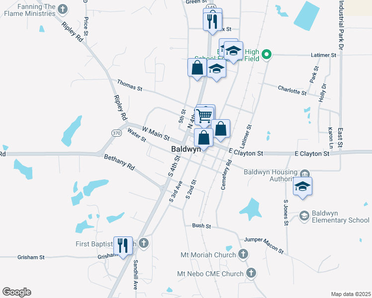 map of restaurants, bars, coffee shops, grocery stores, and more near in Baldwyn