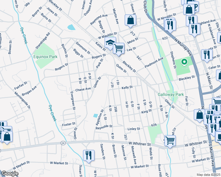 map of restaurants, bars, coffee shops, grocery stores, and more near 314 K Street in Anderson
