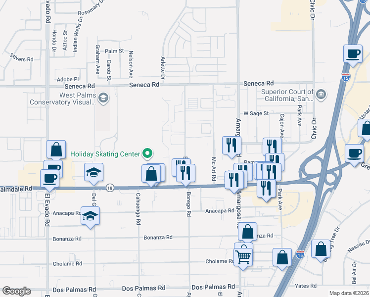 map of restaurants, bars, coffee shops, grocery stores, and more near 15020 Borego Road in Victorville