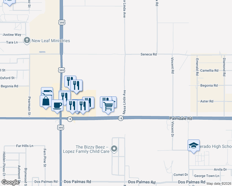 map of restaurants, bars, coffee shops, grocery stores, and more near 12384 Palmdale Road in Victorville