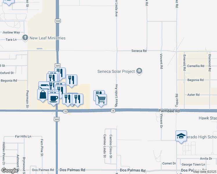 map of restaurants, bars, coffee shops, grocery stores, and more near Begonia Road in Victorville