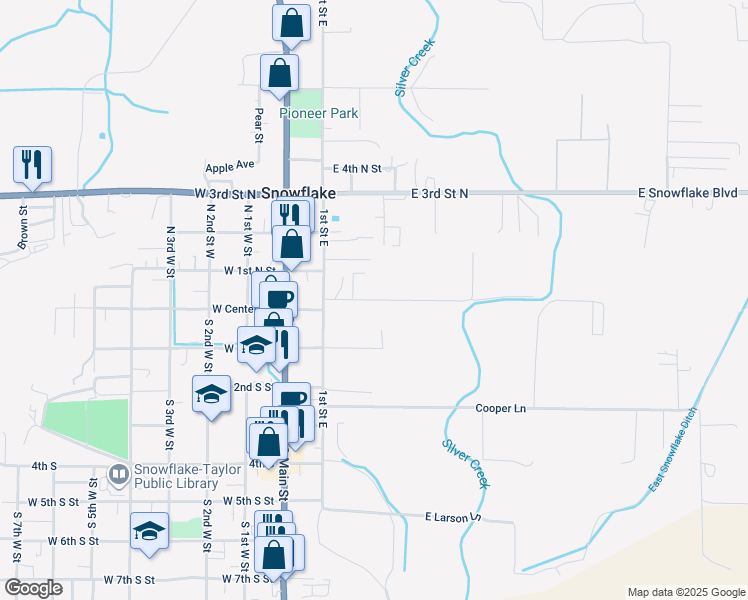map of restaurants, bars, coffee shops, grocery stores, and more near 231 East 1st Street South in Snowflake