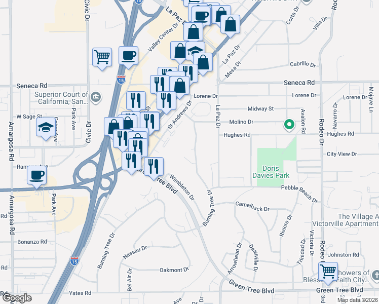map of restaurants, bars, coffee shops, grocery stores, and more near 14199 Indian Creek Place in Victorville