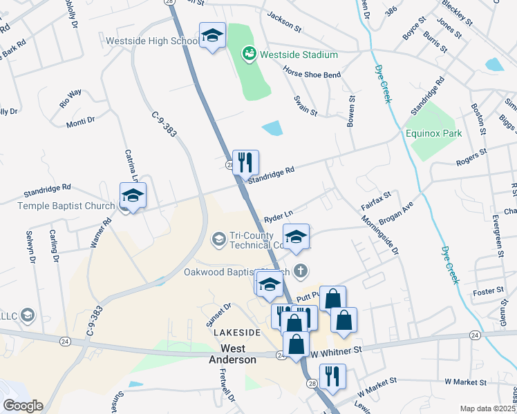 map of restaurants, bars, coffee shops, grocery stores, and more near 101-107 Ryder Lane in Anderson