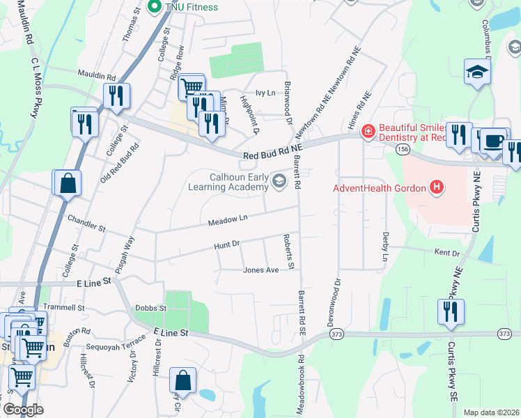 map of restaurants, bars, coffee shops, grocery stores, and more near 129 Meadow Lane in Calhoun
