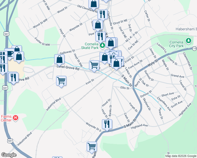 map of restaurants, bars, coffee shops, grocery stores, and more near 438 Irvin Street in Cornelia