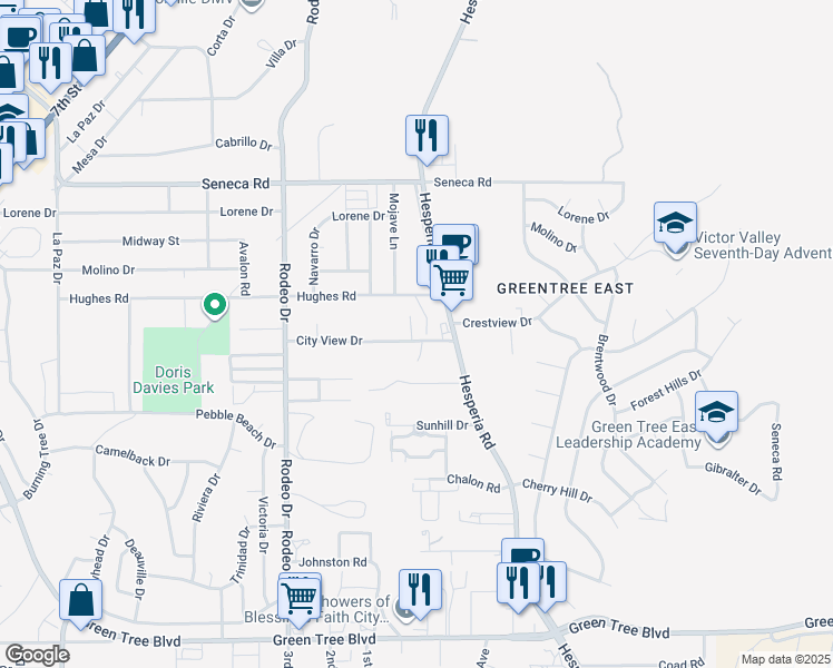 map of restaurants, bars, coffee shops, grocery stores, and more near 16830 City View Drive in Victorville