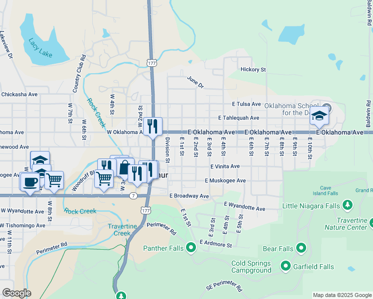 map of restaurants, bars, coffee shops, grocery stores, and more near 1109 East 1st Street in Sulphur