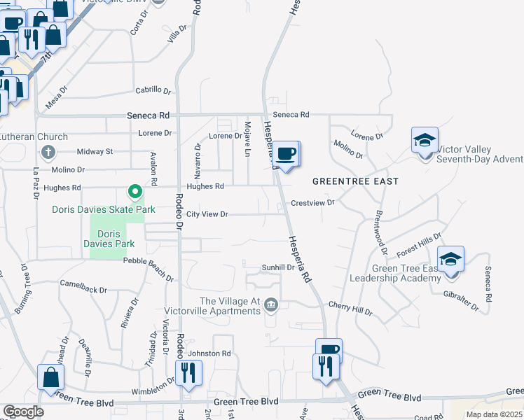 map of restaurants, bars, coffee shops, grocery stores, and more near 16830 City View Drive in Victorville